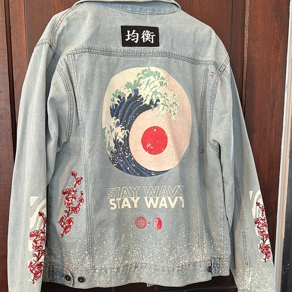 Graphic Denim Jacket with Wave Design